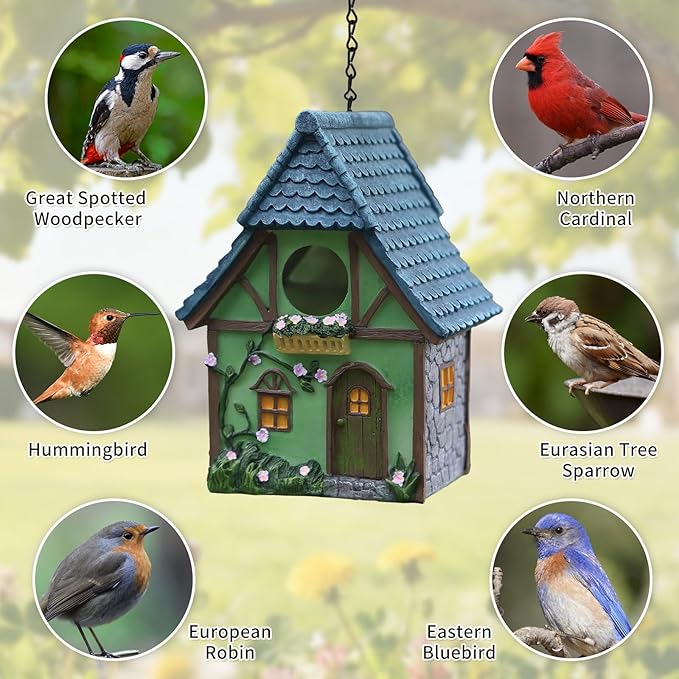 Bird Houses for Outside Cottage Garden Birdhouse –Green Resin Birdhouses for Outdoors with Flower and Stone Details for Bluebird Finches Cardinals Bird Nesting Garden, Patio, Yard