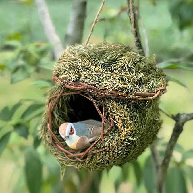 2 Pack Green Grass Birdhouse for Outside Garden Decoration Hanging Bird Hut Bird Nest Cozy Resting Place for Wild Birds (About 3.5-4.5inch)