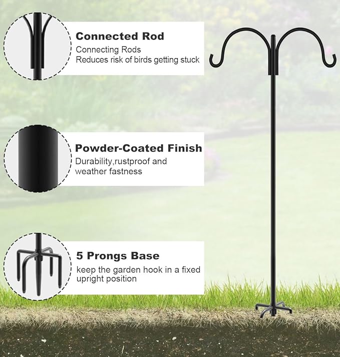 Artibear Double Shepherd Hooks for Outdoor, 92" Heavy Duty Bird Feeder Hangers Garden Hooks with 5-Prong Base, Outside Hanging Pole for Plant Baskets, Solar Light Lanterns, Wind Chimes, 2 Pack