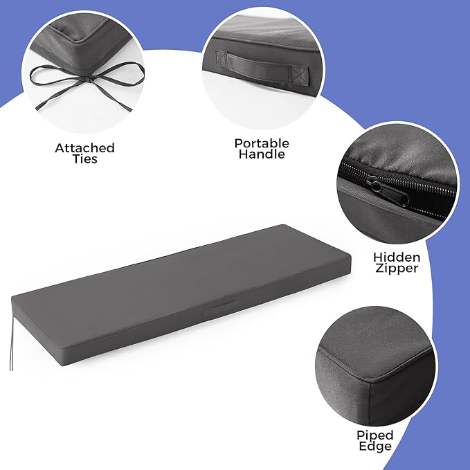 Outdoor Bench Cushions for Outdoor Furniture, 48x18x3 Inch, Waterproof Bench Pillow, Fade Resistant Long Bench Seat Pads for Garden, Indoor, Porch Swing, Dark Grey