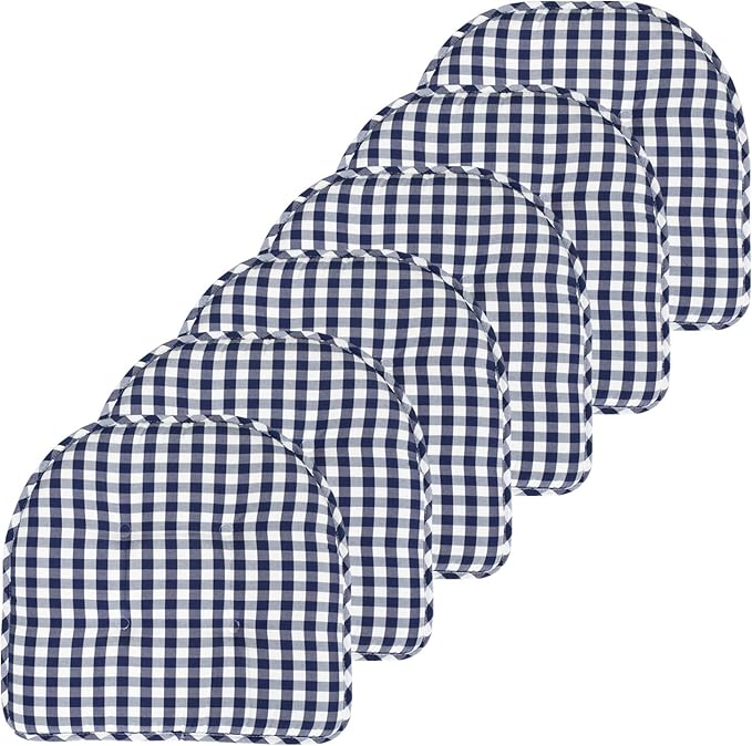 Sweet Home Collection Chair Cushion Memory Foam Pads Tufted Slip Non Skid Rubber Back U-Shaped 17" x 16" Seat Cover, 6 Pack, Checkered Navy/White