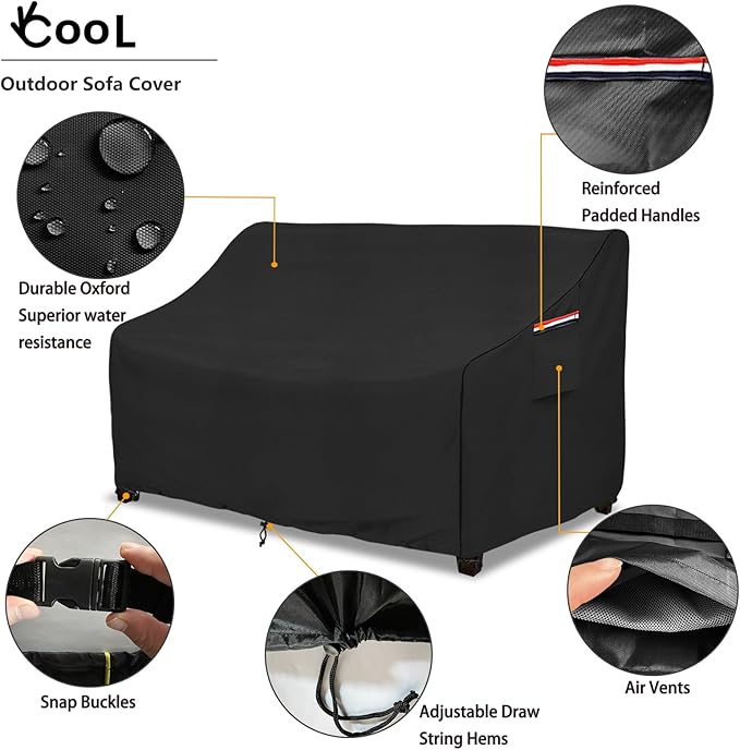 okcool Heavy Duty Patio Sofa Cover, 100% Waterproof 3-Seater Outdoor Sofa Cover Fits up to 85W x 38D x 35H Inches, Lawn Patio Furniture Covers,Black