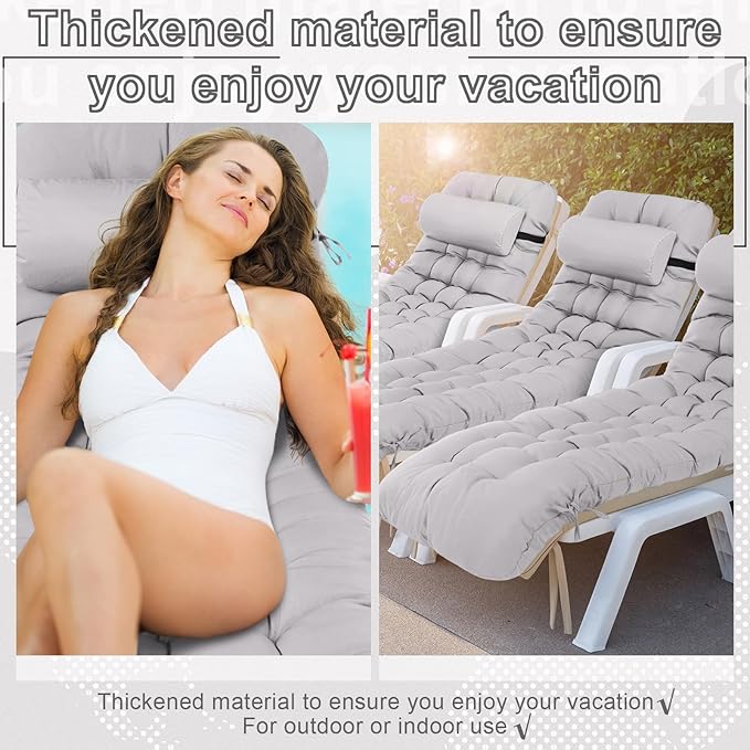 Tudomro 2 Pcs Light Gray 66'' Outdoor Chaise Lounge Cushion Waterproof Patio Lawn Pool Chaise Lounge Cushion with Headrest Pillow & Ties Weather Fade Resistant Replacement Longue Chair Pad