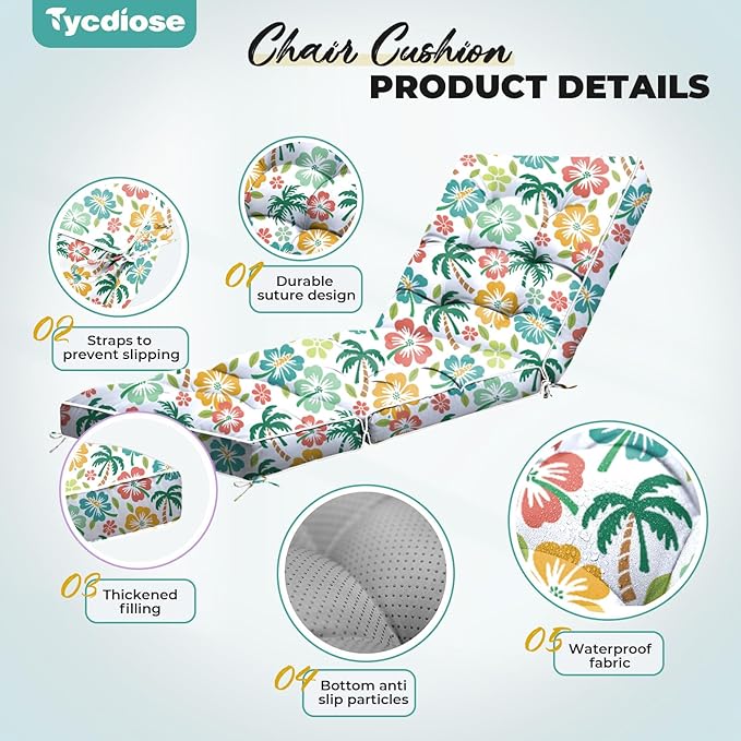 Outdoor Chaise Lounge Chair Cushion, Waterproof Non-Slip Patio Chaise Lounge Cushions for Outdoor Furniture, Thickened Patio Pool Lounge Chair Cushion, 76.4 x 22.8 x 4.7 Inches, Green Coconut