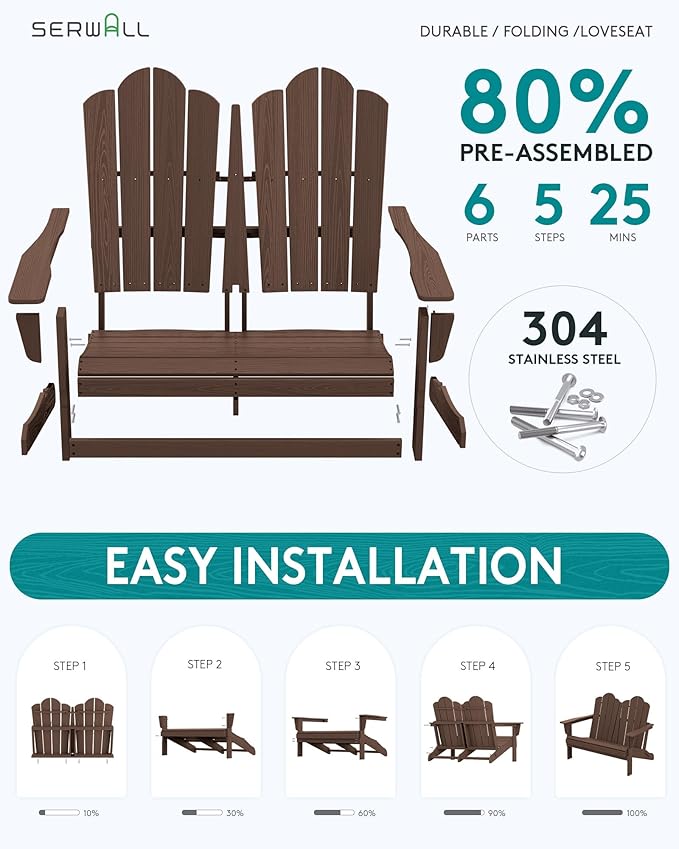 SERWALL Folding Adirondack Bench, HDPE All-Weather Adirondack Loveseat, 660 lbs Capacity, Foldable Outdoor Patio Bench for Deck, Lawn, Garden, Coffee