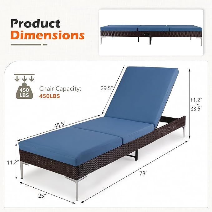 HOMREST Outdoor Chaise Lounge Chair, Patio Wicker Lounge Chair with Pneumatic Adjustable Backrest, Rattan Pool Sunbathing Recliner Suitable for Outside with Removable Cushion (Navy Blue)