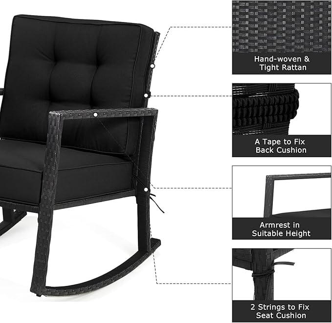 Tangkula Wicker Rocking Chair, Outdoor Glider Rattan Rocker Chair with Heavy-Duty Steel Frame, Patio Wicker Furniture Seat with 5” Thick Cushion for Garden, Porch, Backyard, Poolside (2, Black)