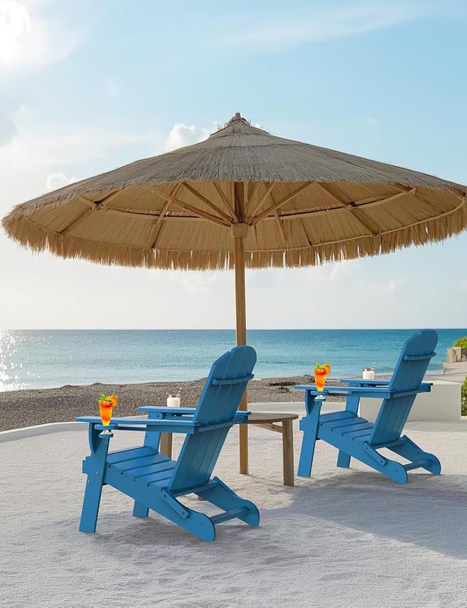 Folding Adirondack Chair Set of 4, Wooden Textured Plastic Adirondack Chairs with 2 Cup Holder, Weather Resistant HDPE Fire Pit Chair, Outdoor Patio Chairs for Garden, Backyard, Lawn, Deck, Blue