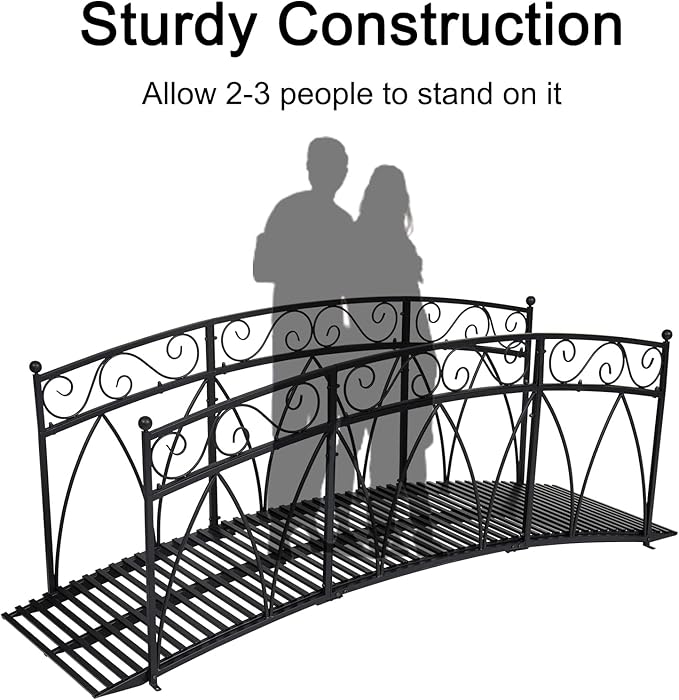 Kinlife 8 FT Metal Arch Garden Bridge – Heightened Patio Outdoor Bridge with Safety Guardrails, Decorative Landscaping Iron Footbridge for Backyard Creek Lawn Stream Fish Pond, Black