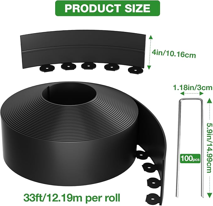 4in Tall,66ft Landscape Edging Kit with 100pcs Metal Spikes,Reinforced Rib Design,Not Digging Flexible Plastic Edge Border for Landscape, Lawn,Garden,Flower Beds,Yard,Paver,Playground, Fence,Pathway
