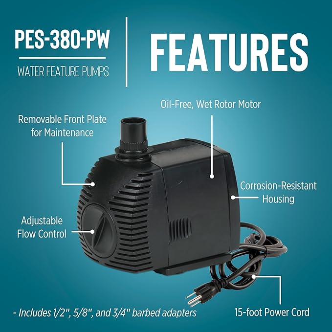 Little Giant PES-380-PW 115-Volt, 380 GPH Magnetic Drive Pump for Fountains and Small Ponds with 15-Ft. Cord, Black, 566718