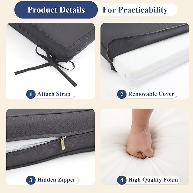 SHACOS Outdoor Bench Cushions 48 x 16 x 3.2 Inch Thick Bench Cushion, Waterproof Fade-Resistant Removable Cover with Ties Piping Edge, Bench Seat Cushions for Swing Patio Porch Furniture, Dark Gray