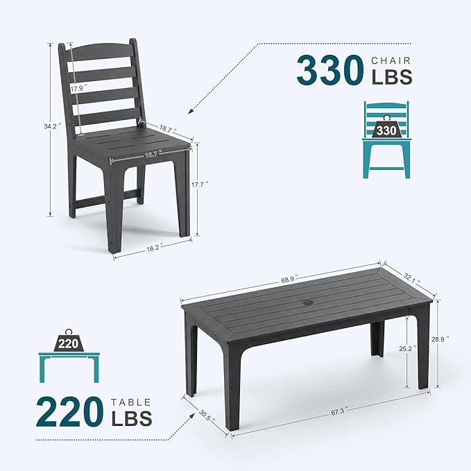 7-Piece HDPE Patio Dining Set, Weather-Resistant Outdoor Table with 2/1.5-Inch Umbrella Hole, Never Sagging One-Piece Tabletop with Metal Support Bars for Poolside Backyard Garden (Black)