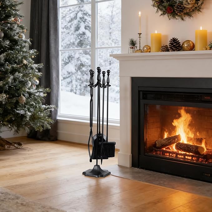 JupiterForce 5 Pieces Fireplace Tools Set Indoor Outdoor 31" Wrought Iron Large Fire Place Set Tools, Fire Pit Tools with Poker Shovel Tongs Brush and Stand, Black