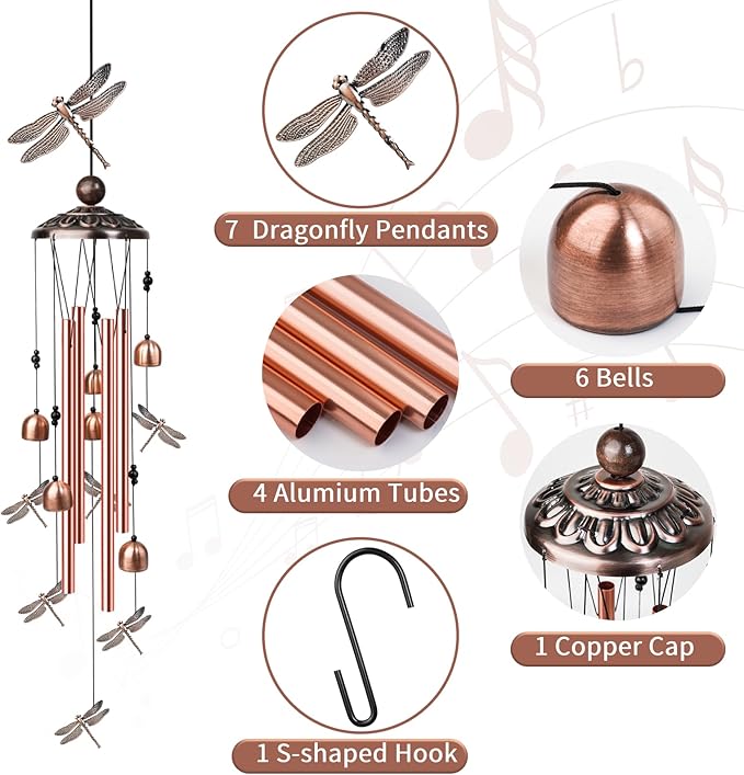 Dragonfly Wind Chimes for Outside, Decorative Wind Chimes with 4 Aluminum Tubes Hanging Bells, Memorial Windchimes Outdoors with S Hook for Patio Garden Decor, Unique Gift for Mom Grandma