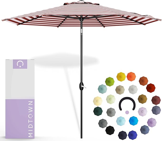 Midtown Umbrellas - 10-Year-No-Fade 6 Ft Patio Umbrella with Terylast Fabric, Auto-Tilt Aluminum Frame and 8 Reinforced Ribs for Deck, Pool, Garden & Beach - Red/White Stripes Canopy, Black Pole