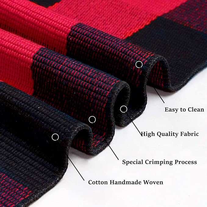 SEEKSEE Cotton Buffalo Plaid Rug 3'x5' Black and Red Checked Rug Washable Doormats Indoor Outdoor Rugs for Layered Front Door Mats, Porch, Kitchen, Farmhouse, Entryway