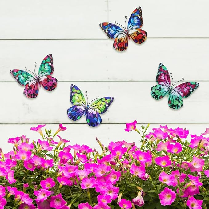 4 Pcs Metal Butterfly Wall Decor Art, Colorful Butterflies Outdoor Wall Art, Hand Craft Outdoor Garden Decor for Fence, Patio, Yard Decoration