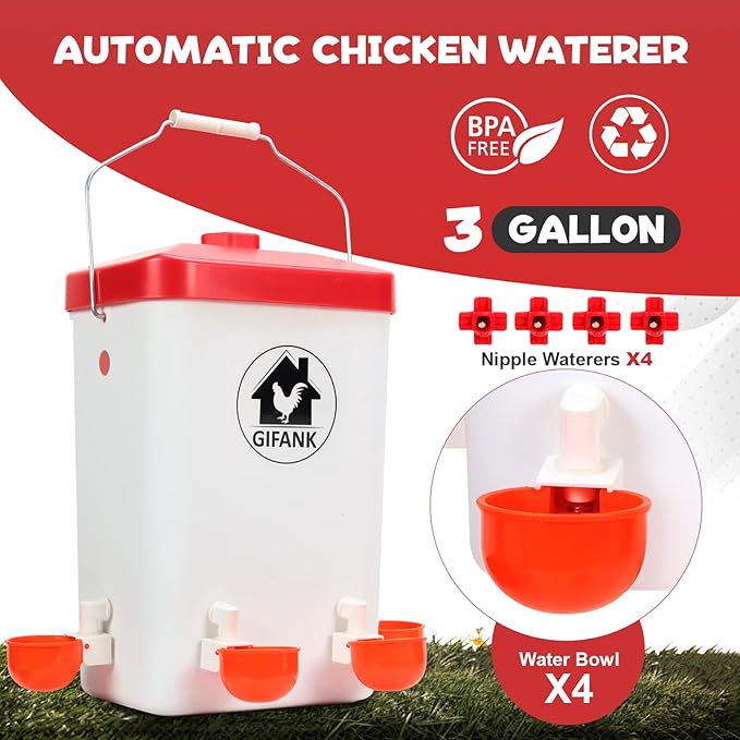 Automatic Chicken Feeder and Waterer Set Hanging Chicken Waterer 3 Gallon Poultry Water Feeder with Nipples and Feeding Ports No Waste,Chicken Coop Accessories