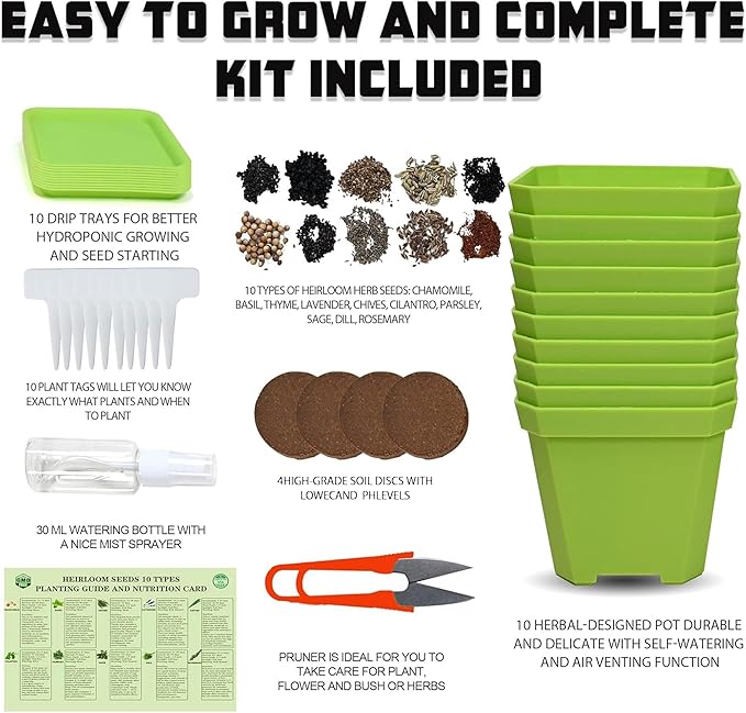 10 Herb Seeds Garden Starter Grow Kit with Green Pots, Markers, Soil Discs, Watering, Herb Clipper, Complete Indoor Potted Plant Growing Set for Kitchen DIY