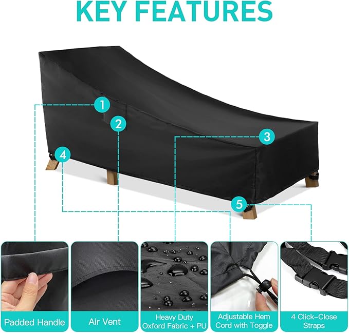 WLEAFJ Patio Chaise Lounge Cover Waterproof, Heavy Duty Outdoor Lounge Chair Covers, Black Durable Patio Furniture Covers, 70L x 32W x 30H inch