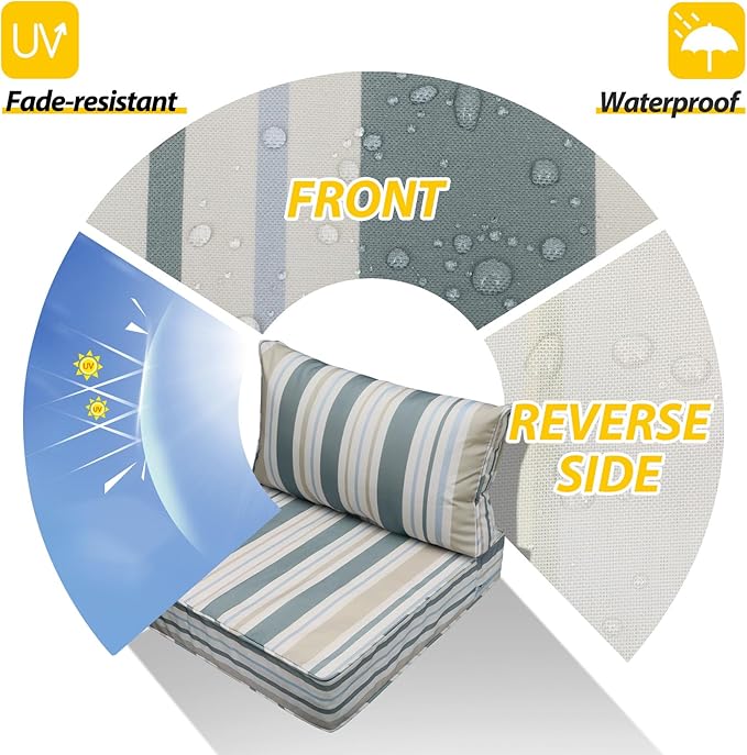 AAAAAcessories Outdoor Seat Cushions for Chairs, Fade-Resistant, Waterproof Patio Furniture Replacement Cushions, 24" x 24" x 5" + 24" x 13.5", Slate Gray Blue Coastal Stripe