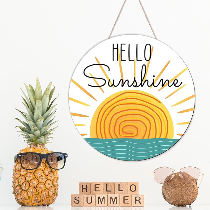 Summer Decorations Door Hanging Sign Wreath Hello Sunshine Wooden Door Hanger Farmhouse Rustic Welcome Summer Wreath Sign for Pool, Tree, Front Door, Wall, Party Supplies