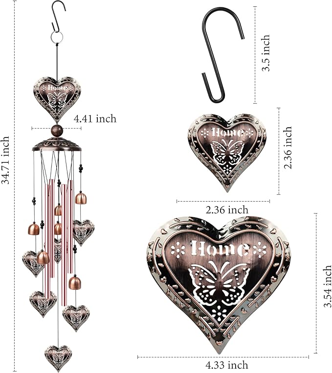 Outdoor Heart-Shaped Wind Chimes, Romantic Valentine's Day Decor with 4 Heart Pendants and Bells, Valentines Day Gifts, Decorative Copper Windchimes, Birthday Gifts for Her, Mom, Grandma