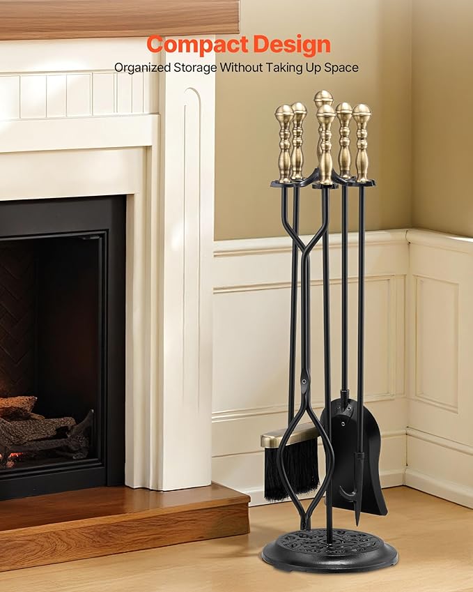 VEVOR Fireplace Tool Set, 5 PCS Fire Tool Set and Holder with Five-Prong Stand, Tongs, Ash Shovel, Brush, Fire Place Poker, Wrought Iron Fireplace Accessories for Indoor/Outdoor, Black & Brass