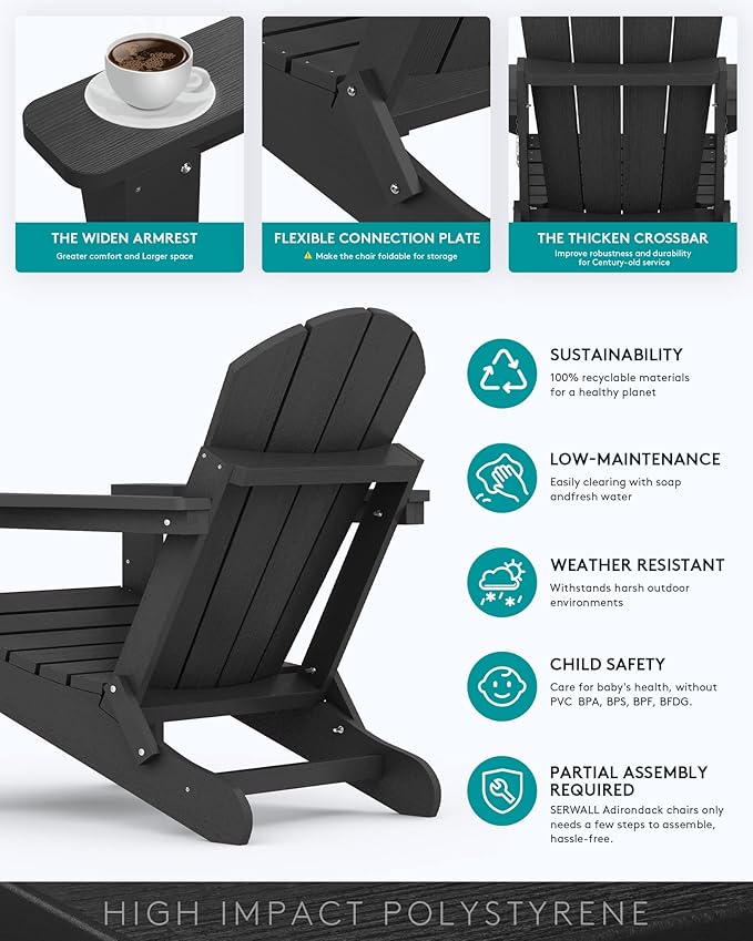 SERWALL Folding Adirondack Chairs Patio Chairs Lawn Chair Set of 6 Outdoor Adirondack Chair Weather Resistant for Patio Deck Garden, Backyard Deck, Fire Pit - Black