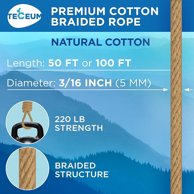 TECEUM Cotton Rope 3/16” (5 mm) – 50 FT – Strong All-Purpose Braided Rope – Natural Cotton – for Crafting, Сamping, Clothes Line, DIY, Indoor & Outdoor Use – Cappuchino