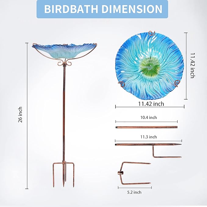 MUMTOP 26 Inch Height Glass Birdbath Birdfeeder with Metal Stake Garden Outdoor Blue