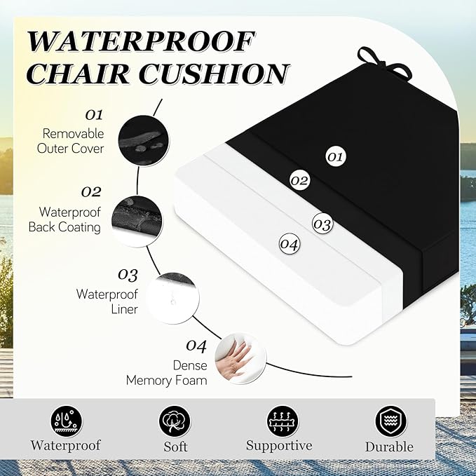 Waterproof Outdoor Chair Cushions Set of 2, Square Outdoor Seat Cushions with Ties and Removable Covers, 19 x 19 Outdoor Cushions for Patio Furniture with Portable Handle(Black)