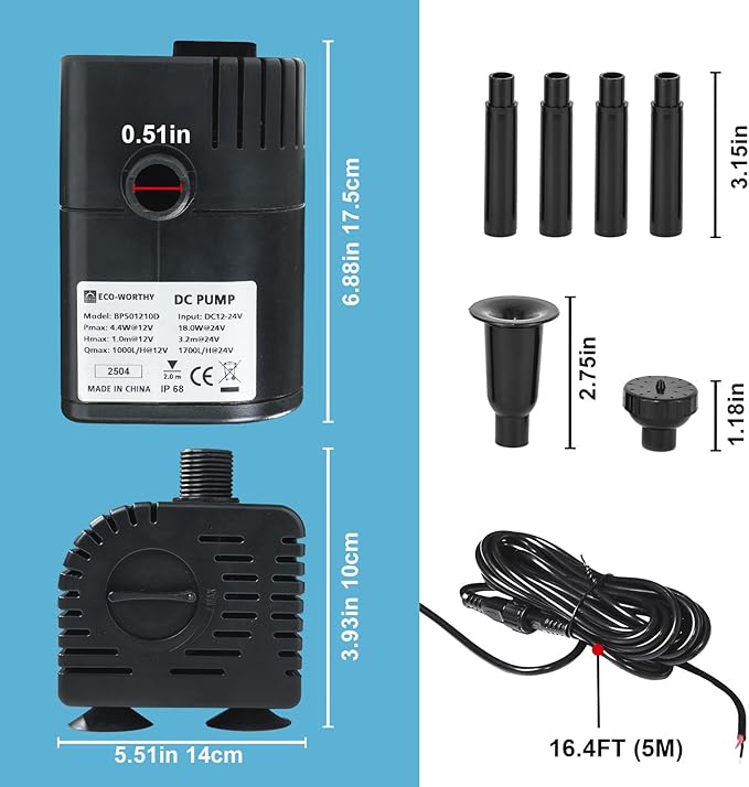 ECO-WORTHY 449 GPH Solar Powered Water Fountain Pump Upgraded Dry-run Protection Brushless Submersible Pump 12V-24V DC with 16.4ft(5M) Power Cord, 10.17 ft High Lift, 2Nozzles for Pond, Hydroponics