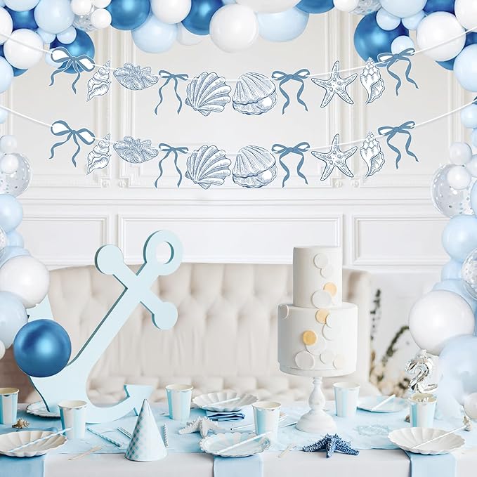 2 PACK Summer Banner Seashells Decor Party Decorations Party Supplies Birthday Decorations Blue Bow Starfish and Christmas Ornaments Under The Sea Paper Hanging Banner for Women Men Baby Showre