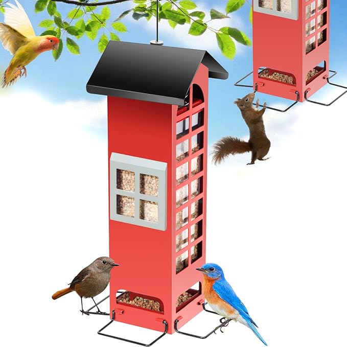 Bird Feeders Squirrel Proof for Outdoor Hanging, Weight Activated Metal Wild Bird Feeders, Spring Cardinal Tube Birdhouse Finch Seed Feeder with 4 Feeding Ports, 2.5LB Capacity