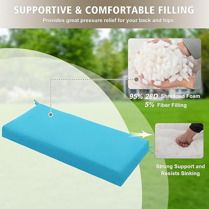 Outdoor Bench Cushion Waterproof 36"x14", Fade-Resistant Patio Furniture Replacement Pad with Ties - Also Fits Indoor Entryway Bench or Window Seat, Teal