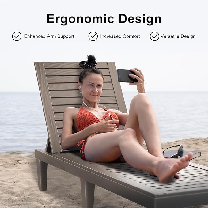 EasyUp Resin Chaise Lounge Chairs with 5-Position Backrest, UV & Fade-Resistant, Waterproof for Garden, Pool, Beach & Patio (Set of 1-Grey)