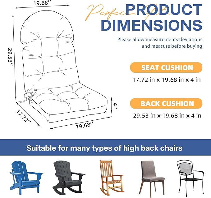 Outdoor Adirondack Chair Cushions Set of 2 Navy Blue Waterproof Rocking Chair Seat Cushion Replacement with Ties Thicken Non Slip High Back Outdoor Patio Chair Pads 47.24 * 19.69 * 4"