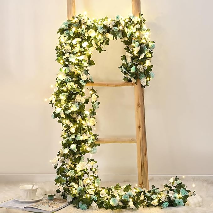 BLEUM CADE 5Pcs 41Ft Flower Garland Artificial Rose Vines with 32.8Ft String Lights, Cute Fake Hanging Flower Vines Floral Garland Decorations for Wedding Party Wall Room Decor Aesthetic