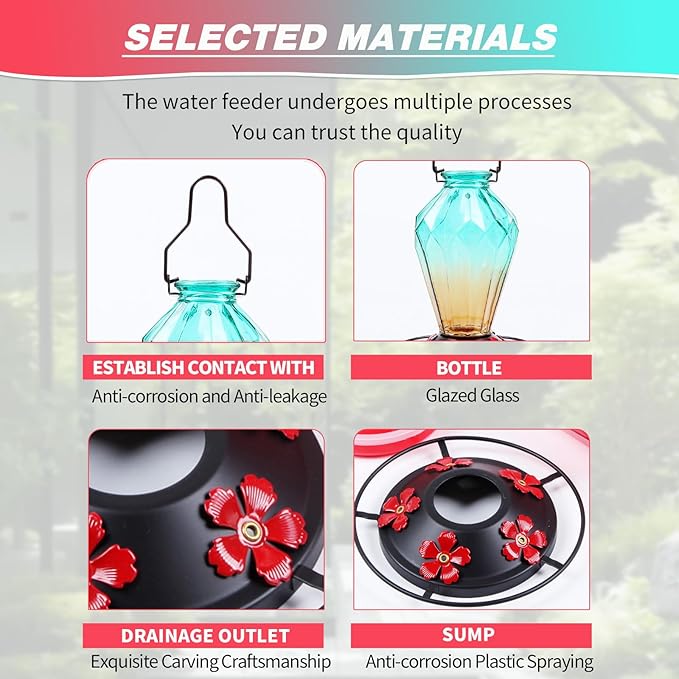 Glass Hummingbird Feeder for Outdoors Hanging, 25Oz Humming Bird Nectar Feeder, Perch, 5 Flower Feeding Ports, Leak Proof Base, Hook for Outside Garden Backyard, Gift for Women, Diamond Green