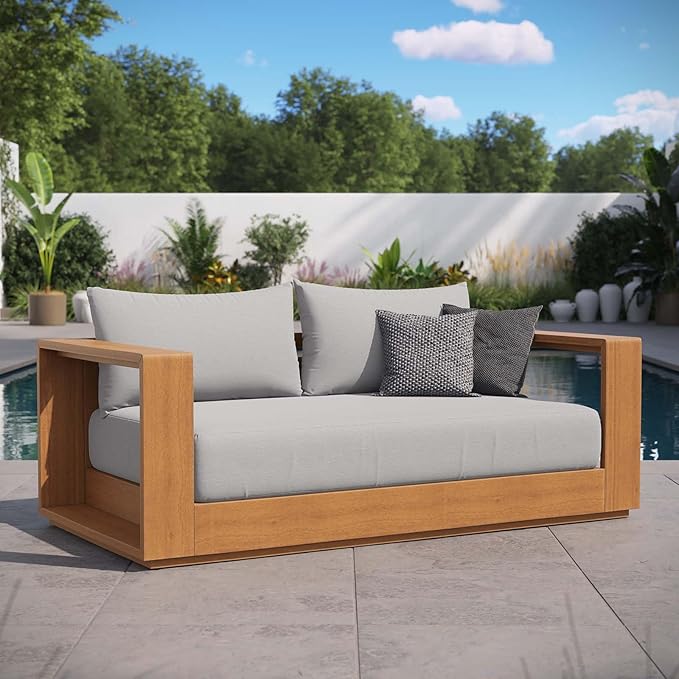 Modway Tahoe Acacia Wood Outdoor Patio Loveseat in Natural Light Gray with Weather-Resistant Cushions - Ideal as a Patio Couch, Outdoor Sofa, or Wood Couch