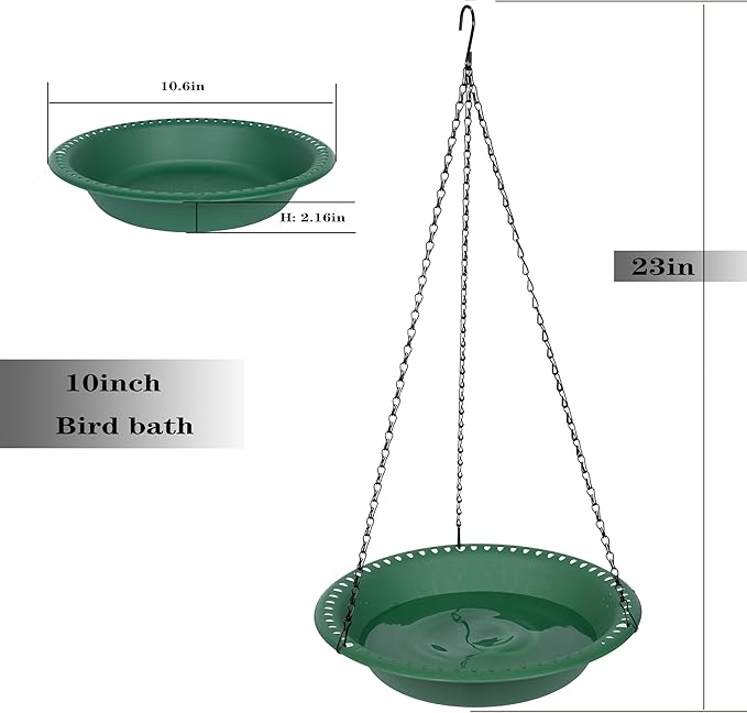 Bird Baths for Outdoors Heavy Duty, 10 inch BirdBath Bowl Only with 22” Rust-Proof Black Chains, Hanging Bird Bath Hanging Bird-Feeder for Garden Backyard Decor (Green 1 Pack)