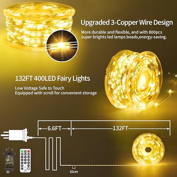 132 FT 400 LED Fairy Lights Plug in Christmas String Lights Outdoor Waterproof Twinkle Lights with Timer 8 Modes Memory for Holiday Wedding Party Tree Bedroom Garden Decorations-Warm White