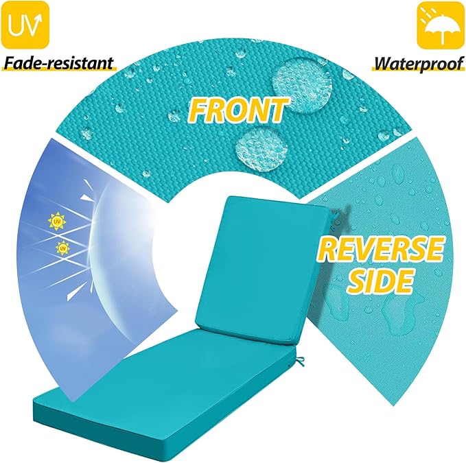 AAAAAcessories Outdoor Chaise Lounge Cushions, Fade-Resistant, Waterproof Patio Furniture Replacement Cushions, 78" x 25" x 3", Turquoise Blue