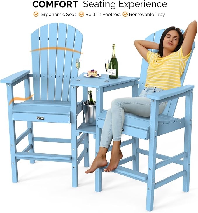 VINGLI Tall Adirondack Chairs Set of 2, All Weather HDPE Bar Height Adirondack Chair with Double Trays, Adirondack Barstools for Balcony, Poolside, Backyard and Patio (Blue)