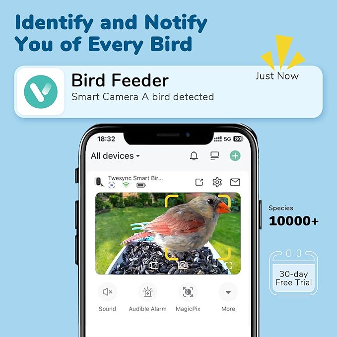 Bird Feeder with Camera, Equipped with 5000mAh Battery and Solar Panel, AI Bird Species Identification, 2K HD Video, Best Gift for BirdLovers