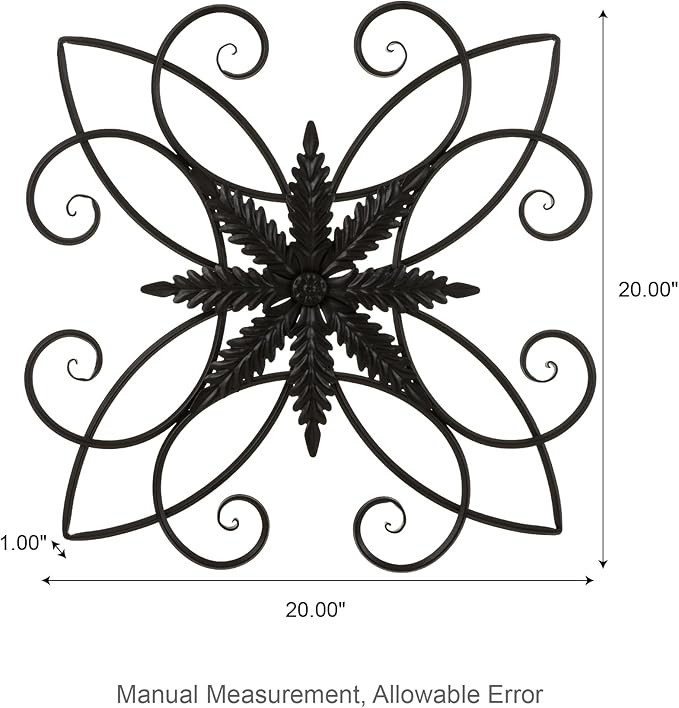 Glitzhome Black Metal Wall Art Decor, 20 Inch Iron Wall Decor with Clematis Scroll Pattern, Indoor Outdoor Wall Accent for Garden Porch Patio