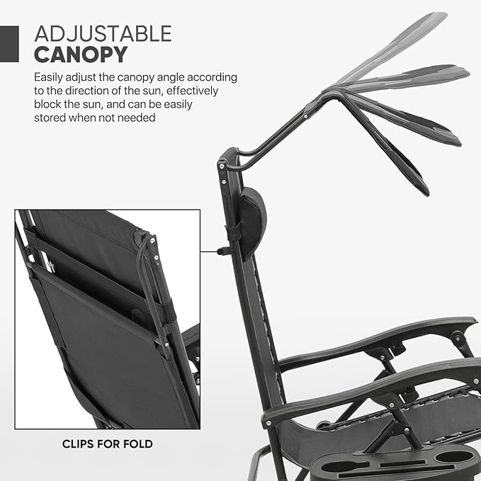 Magshion Zero Gravity Lounge Chair with Canopy, Outdoor Foldable Patio Reclining Chair with Side Tray, Adjustable Anti-Gravity Recliner with Pillow Headrest, Lounger for Lawn Camping Beach (Black)