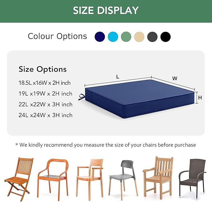 Outdoor Chair Cushions Set of 6: Waterproof & Fade Resistant Seat Cushion for Patio Furniture - 19 x 19 x 2 Inch Chair Pads with Ties and Hidden Zipper - Patio Chair Cushion Replacement, Navy